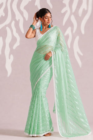 Green Woven with Lace Border Chiffon Ready to Wear Saree (ACB1828)