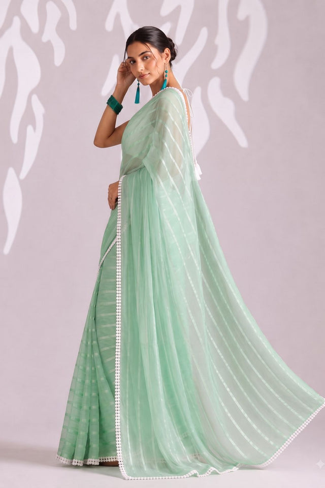 Green Woven with Lace Border Chiffon Ready to Wear Saree (ACB1828)