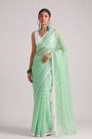 Green Woven with Lace Border Chiffon Ready to Wear Saree (ACB1828)