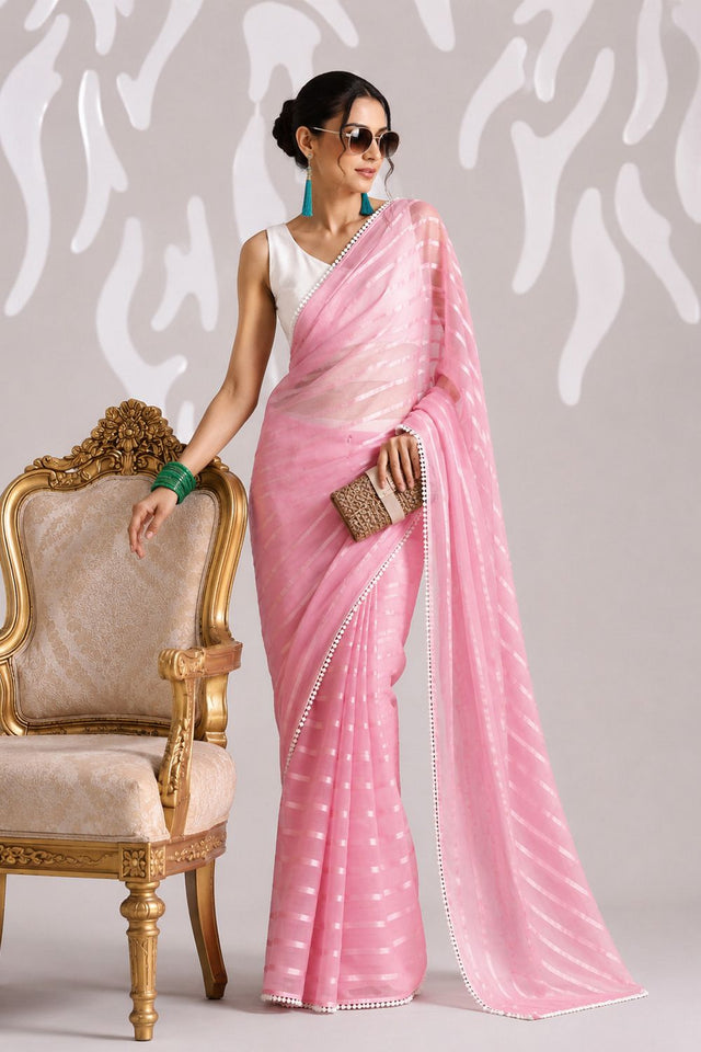 Peach Woven with Lace Border Chiffon Ready to Wear Saree (ACB1829)