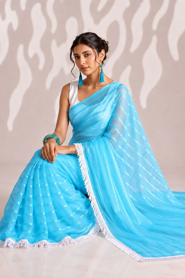 Blue Woven with Lace Border Chiffon Ready to Wear Saree (ACB1830)
