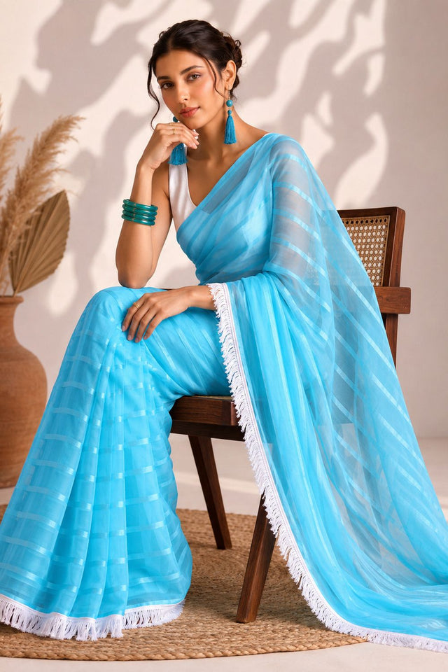 Blue Woven with Lace Border Chiffon Ready to Wear Saree (ACB1830)