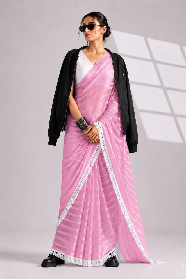 Pink Woven with Lace Border Chiffon Ready to Wear Saree (ACB1832)
