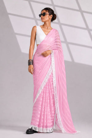 Pink Woven with Lace Border Chiffon Ready to Wear Saree (ACB1832)