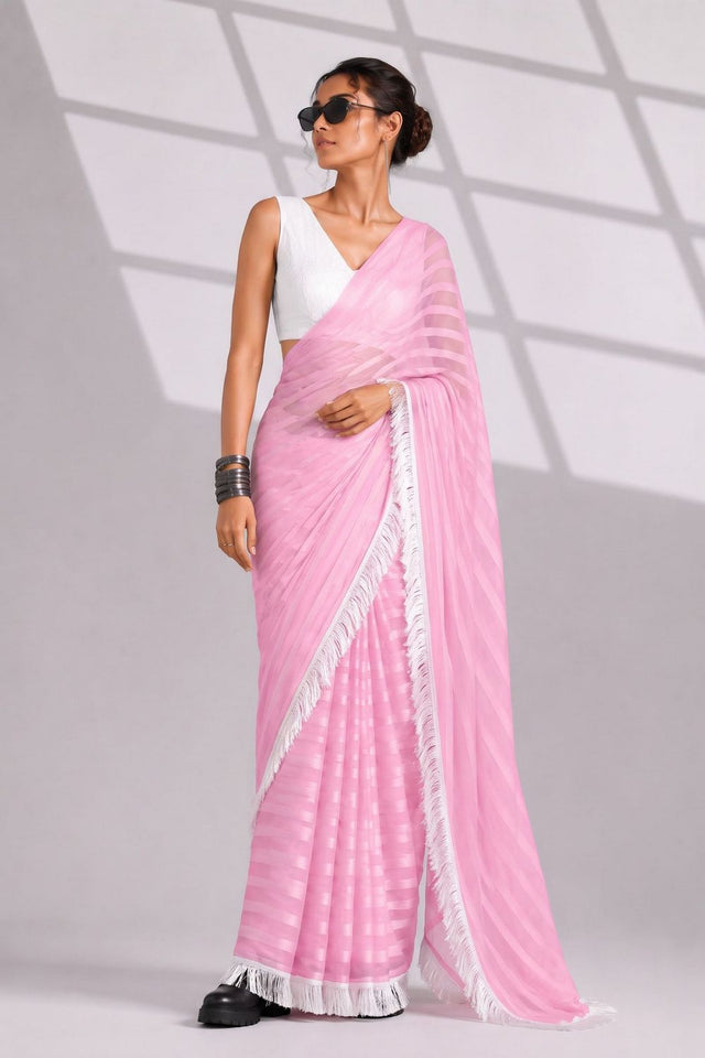 Pink Woven with Lace Border Chiffon Ready to Wear Saree (ACB1832)
