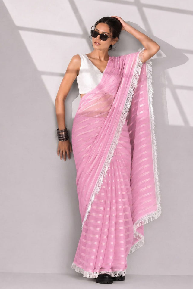 Pink Woven with Lace Border Chiffon Ready to Wear Saree (ACB1832)