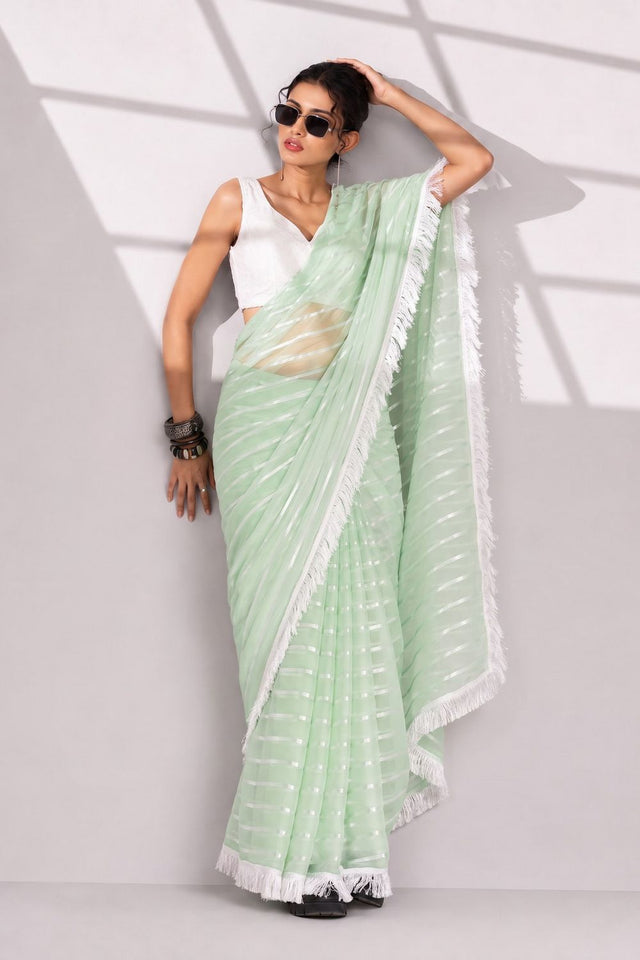 Green Woven with Lace Border Chiffon Ready to Wear Saree (ACB1833)