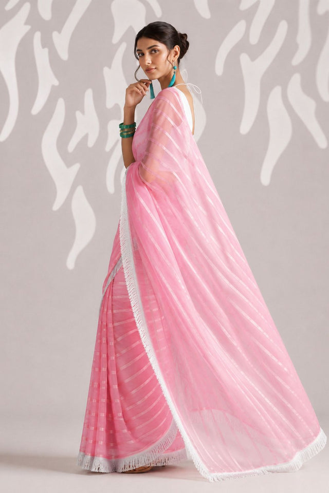 Peach Woven with Lace Border Chiffon Ready to Wear Saree (ACB1834)