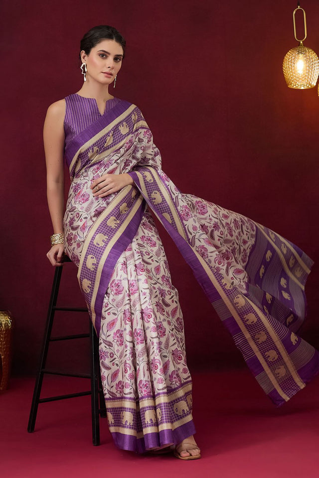 Violet Floral Printed Art Silk Ready to Wear Saree (ACB1835)