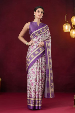 Violet Floral Printed Art Silk Ready to Wear Saree (ACB1835)