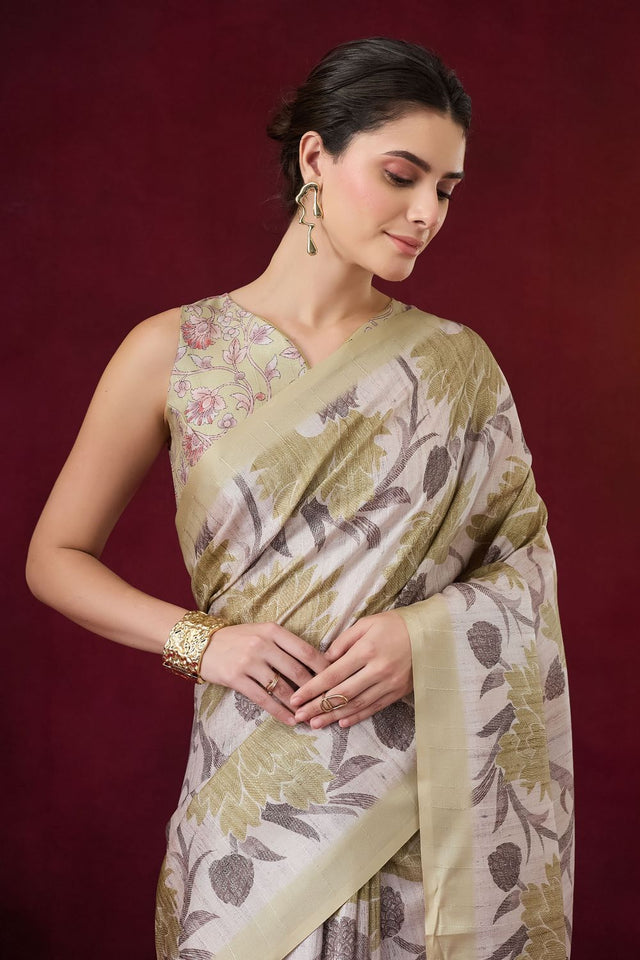 Green Floral Printed Art Silk Ready to Wear Saree (ACB1836)