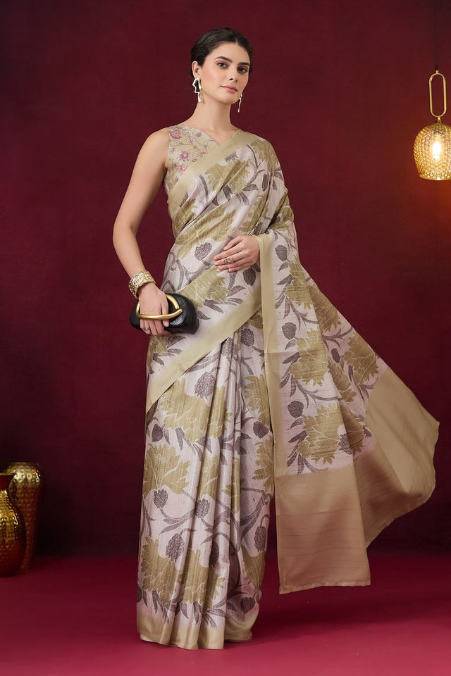 Green Floral Printed Art Silk Ready to Wear Saree (ACB1836)