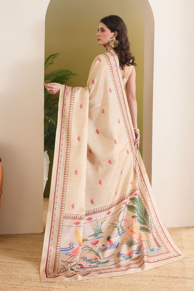 Cream Printed Silk Blend Ready to Wear Saree (ACB1837)