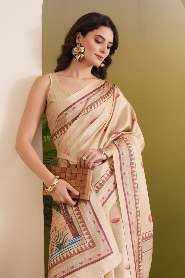 Cream Printed Silk Blend Ready to Wear Saree (ACB1837)