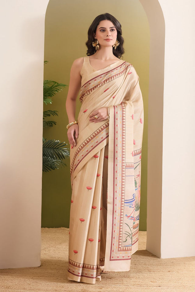 Cream Printed Silk Blend Ready to Wear Saree (ACB1837)