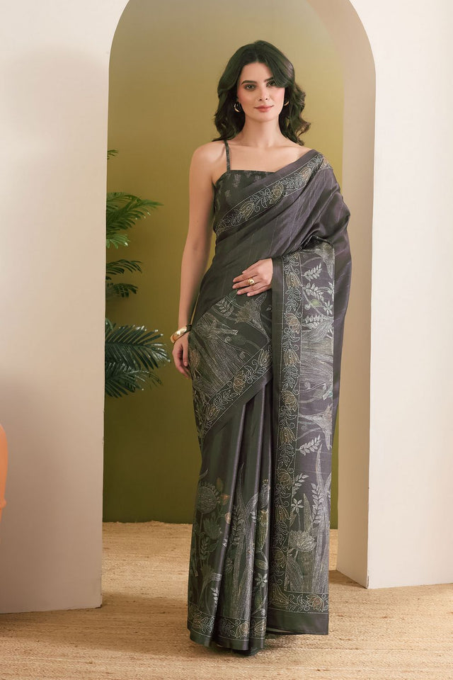 Dark Green Printed Art Silk Ready to Wear Saree (ACB1838)