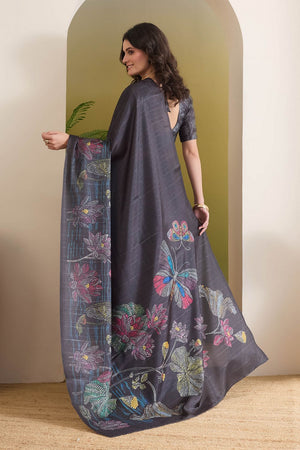 Black Floral Printed Silk Blend Ready to Wear Saree (ACB1839)
