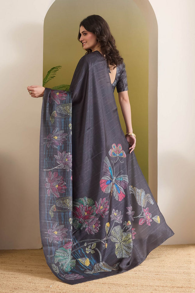 Black Floral Printed Silk Blend Ready to Wear Saree (ACB1839)