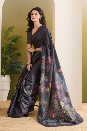 Black Floral Printed Silk Blend Ready to Wear Saree (ACB1839)