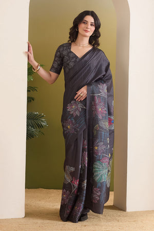 Black Floral Printed Silk Blend Ready to Wear Saree (ACB1839)