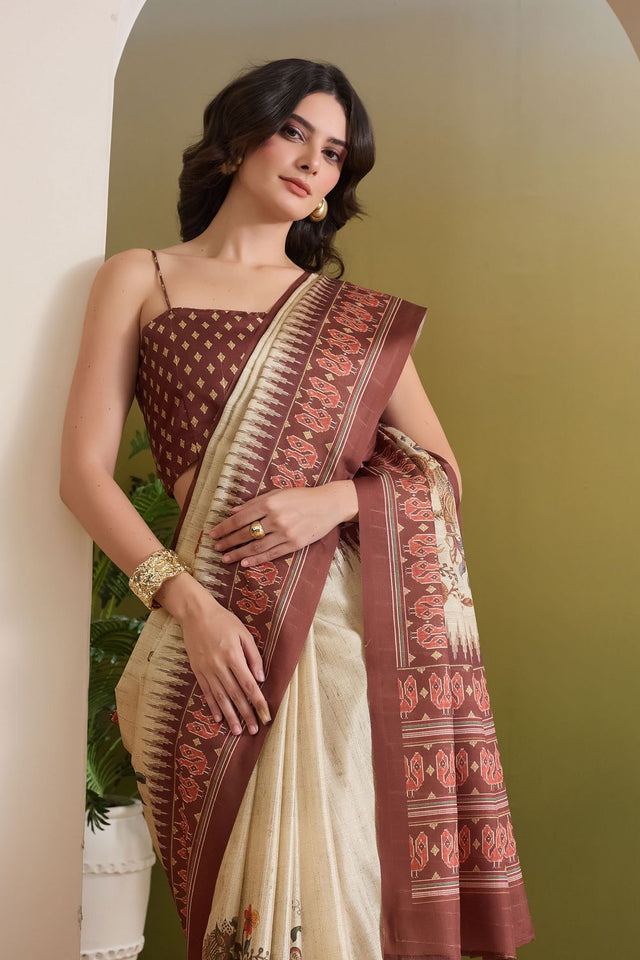 Cream Floral Printed Silk Blend Ready to Wear Saree (ACB1840)