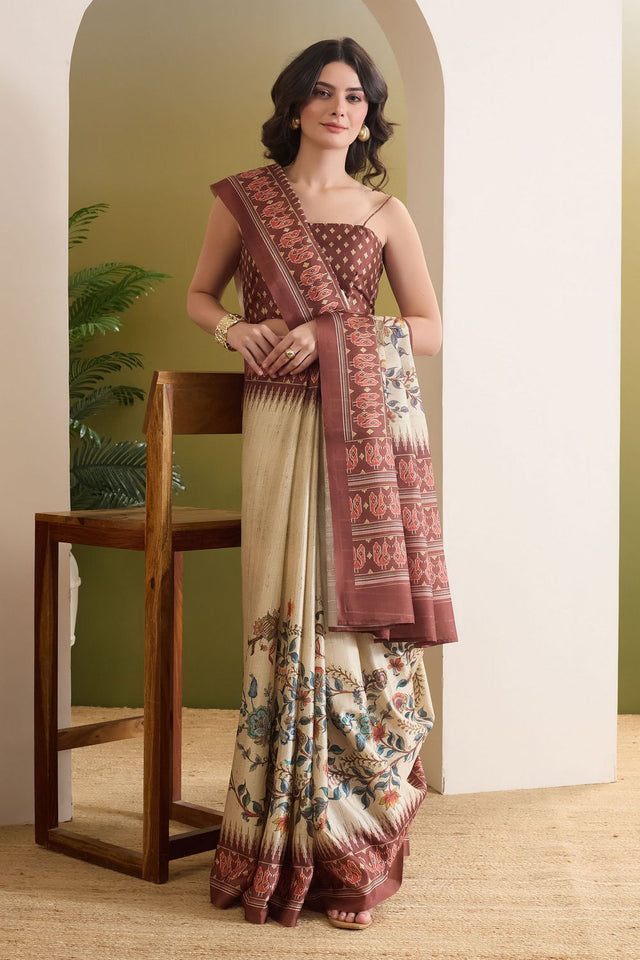 Cream Floral Printed Silk Blend Ready to Wear Saree (ACB1840)