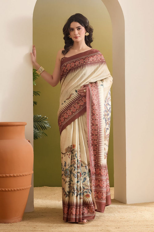 Cream Floral Printed Silk Blend Ready to Wear Saree (ACB1840)