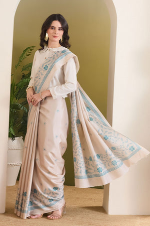 Beige Floral Printed Silk Blend Ready to Wear Saree (ACB1841)