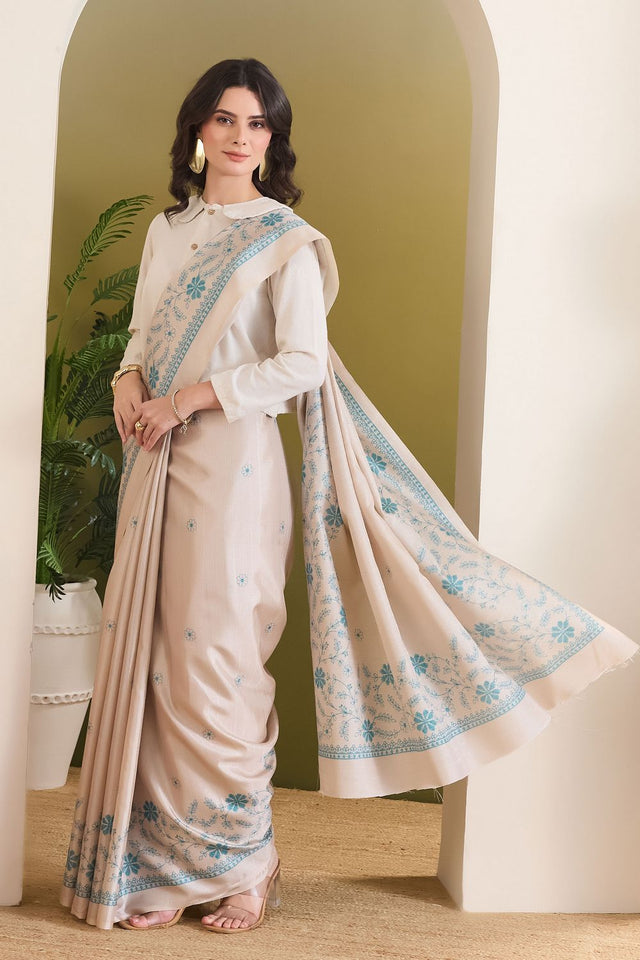 Beige Floral Printed Silk Blend Ready to Wear Saree (ACB1841)