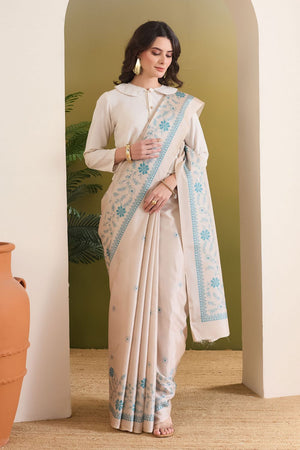 Beige Floral Printed Silk Blend Ready to Wear Saree (ACB1841)