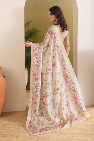 Cream Floral Printed Silk Blend Ready to Wear Saree (ACB1842)