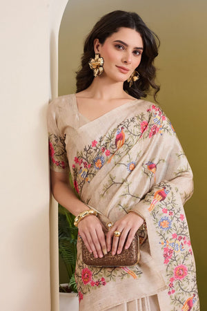 Cream Floral Printed Silk Blend Ready to Wear Saree (ACB1842)