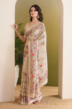 Cream Floral Printed Silk Blend Ready to Wear Saree (ACB1842)