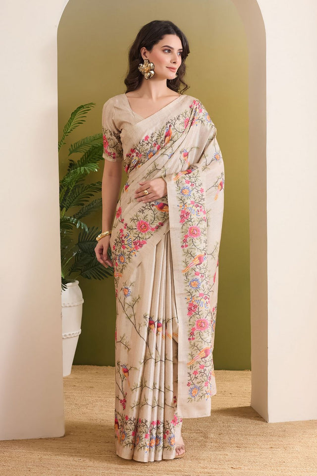 Cream Floral Printed Silk Blend Ready to Wear Saree (ACB1842)