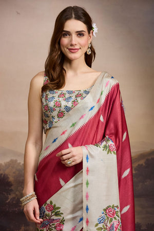 Red Floral Printed Silk Blend Ready to Wear Saree (ACB1843)