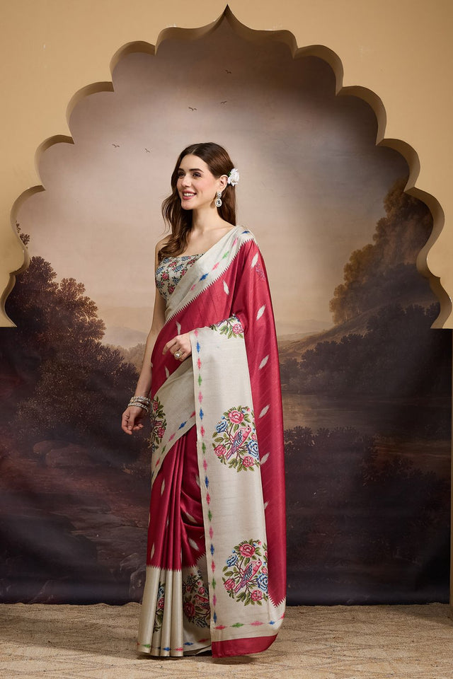 Red Floral Printed Silk Blend Ready to Wear Saree (ACB1843)
