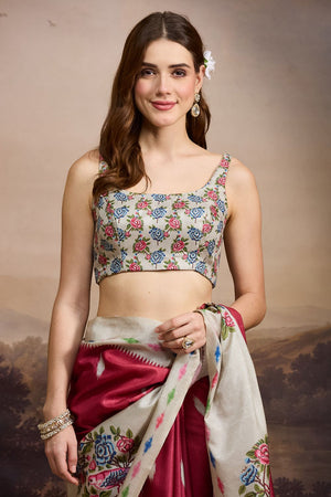 Red Floral Printed Silk Blend Ready to Wear Saree (ACB1843)