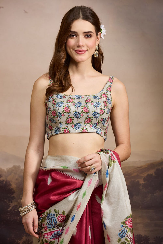 Red Floral Printed Silk Blend Ready to Wear Saree (ACB1843)