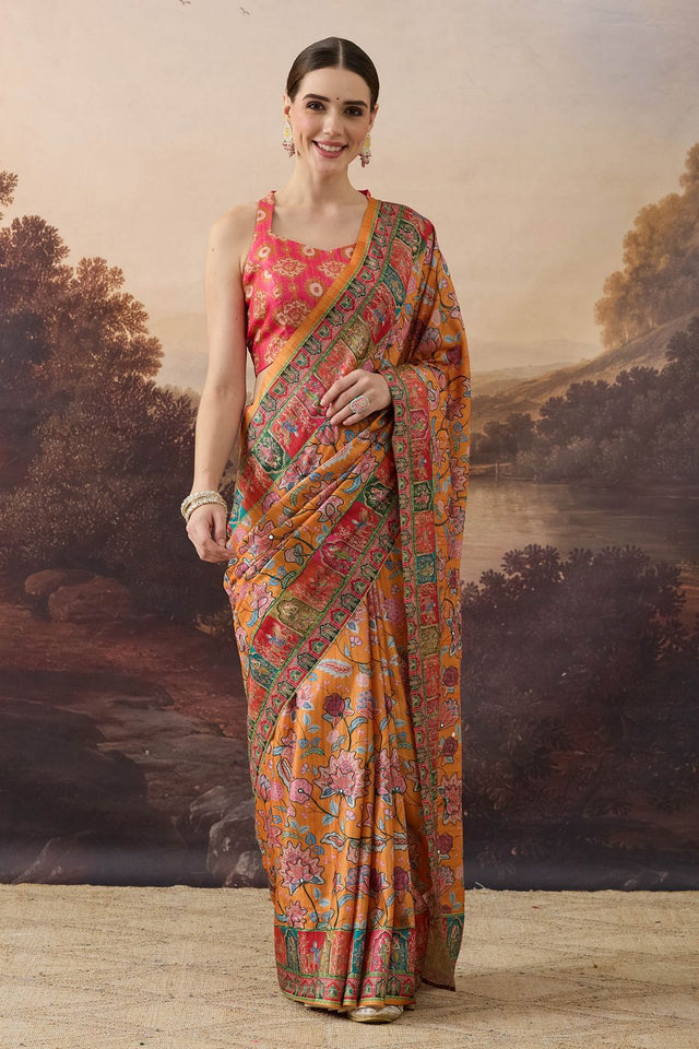 Orange Printed Organza Ready to Wear Saree (ACB1844)