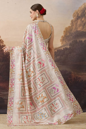 Beige Floral Printed Organza Ready to Wear Saree (ACB1845)