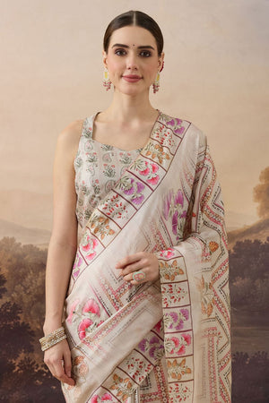 Beige Floral Printed Organza Ready to Wear Saree (ACB1845)