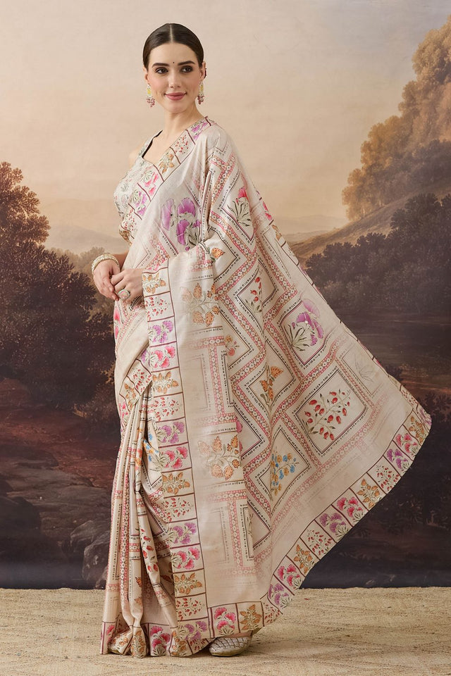 Beige Floral Printed Organza Ready to Wear Saree (ACB1845)