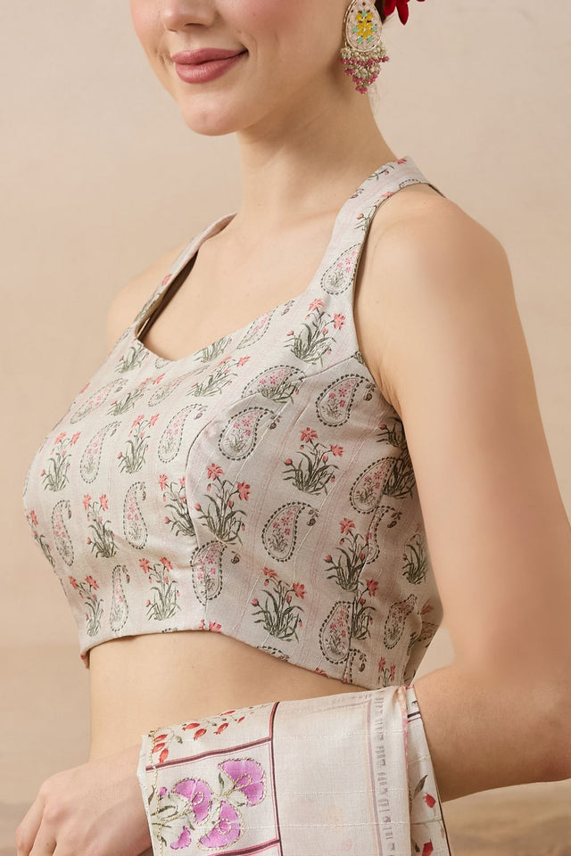 Beige Floral Printed Organza Ready to Wear Saree (ACB1845)