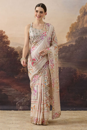 Beige Floral Printed Organza Ready to Wear Saree (ACB1845)