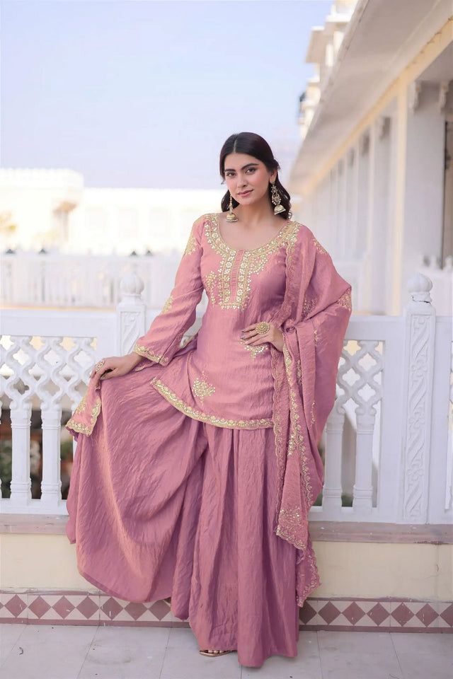 Pink Sequin with Embroidered Silk Sharara Suit (ACB1846)