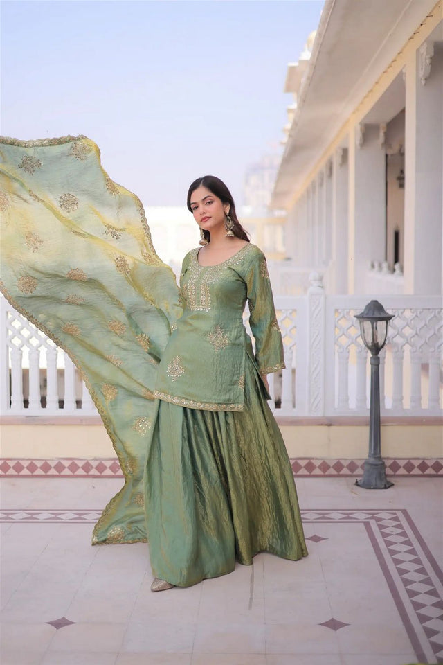 Green Sequin with Embroidered Silk Sharara Suit (ACB1847)