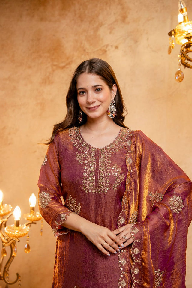 Rust Sequin with Embroidered Silk Palazzo Suit (ACB1848)