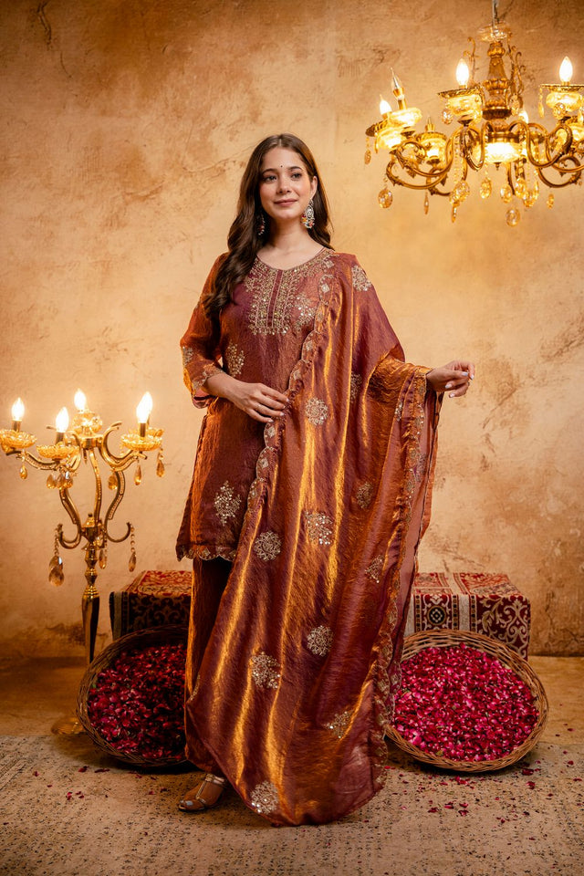 Rust Sequin with Embroidered Silk Palazzo Suit (ACB1848)