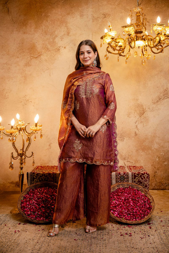 Rust Sequin with Embroidered Silk Palazzo Suit (ACB1848)