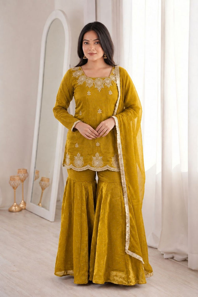 Mustard Floral Embroidered Silk Sharara Suit (ACB1849)